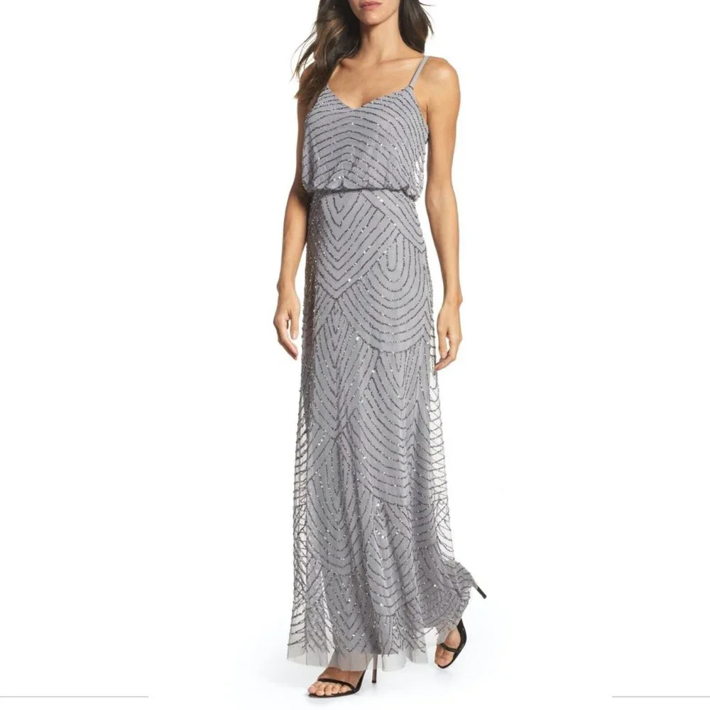 NEW Adrianna Papell Art Deco Beaded Blouson Gown in‎ Silver/Grey [SZ 6 ]